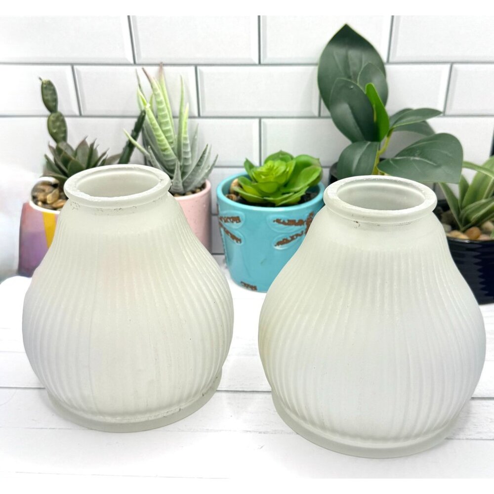 Pair Of Frosted Ribbed Glass Light Shades For Ceiling Or Wall Fixtures
